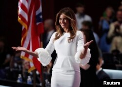 Melania Trump takes the stage after her introduction at the Republican National Convention in Cleveland, Ohio, July 18, 2016.