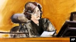 In this courtroom sketch, U.S. District Judge Kimba Wood presides over a federal court hearing where attorneys for President Donald Trump and Michael Cohen, the president's personal attorney, tried to persuade the judge to delay prosecutors from examining records and electronic devices seized in the raids.
