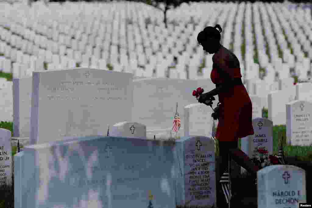 Seorang perempuan membawa mawar merah saat berjalan di antara kuburan di Taman Makam Nasional Arlington di Washington (30/5). (Reuters/Lucas Jackson)