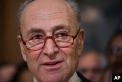 Senate Minority Leader Chuck Schumer, D-N.Y., speaks at an event with furloughed federal workers and union leaders as they discuss the impact on families during the partial government shutdown, on Capitol Hill in Washington, Jan. 9, 2019.