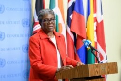 린다 토머스-그린필드 유엔주재 미국 대사가 20일 북한 미사일 발사에 대응한 유엔 안보리 비공개 회의에 앞서 기자회견을 했다.