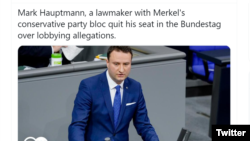 Trang Twitter của DW loan tin về việc từ chức của Nghị sĩ Đức Mark Hauptmann. Photo DW via Twitter