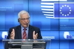 European Union foreign policy chief Josep Borrell speaks during a press conference following a meeting of EU foreign ministers in Brussels, Belgium March 22, 2021.