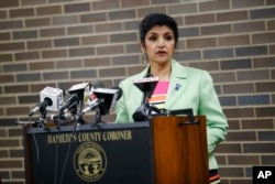 Dr. Lakshmi Kode Sammarco speaks during a news conference regarding the circumstances surrounding the death of 22-year-old University of Virginia undergraduate student Otto Warmbier who was serving a 15-year prison term in North Korea, Sept. 27, 2017, at the Hamilton County Coroner's office in Cincinnati.