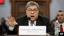 FILE - Attorney General William Barr appears before a House Appropriations subcommittee to make his Justice Department budget request, April 9, 2019, in Washington.