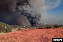 With pink retardant in foreground, fire blows up on north side of the Merced River after authorities ordered evacuations due to the Detwiler fire in Mariposa, California, July 18, 2017.