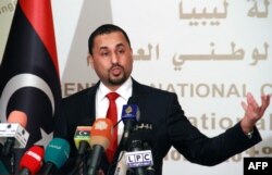 Saleh al-Makzom, Libyan deputy president of the General National Congress (GNC) speaks during a press conference on Jan. 29, 2015 in Tripoli,