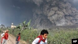 Villagers flee as Mount Sinabung releases pyroclastic flows during an eruption in Namantaran, North Sumatra, Feb. 1, 2014.