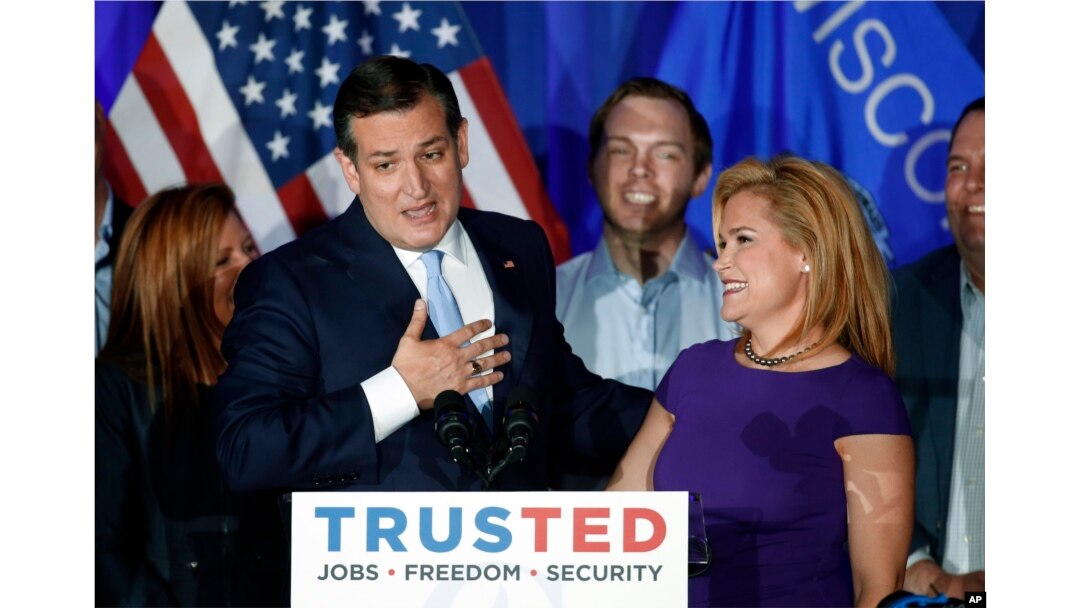 Republican presidential candidate Sen. Ted Cruz, R-Texas, speaks as his wife Heidi listens during a primary night campaign event, April 5, 2016, in Milwaukee.
