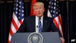 FILE - President Donald Trump makes a statement on the terrorist attack in Manchester, England, after a meeting with Palestinian President Mahmoud Abbas, May 23, 2017, in the West Bank City of Bethlehem. Trump returns to Washington on Saturday from his first trip abroad as president.