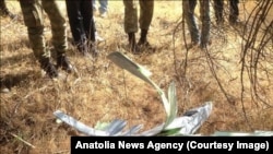 Turkey's state-run Anatolia News Agency released this image of what Turkey says is an unmanned aircraft shot down by Turkish forces Oct. 16, 2015, near the border with Syria.