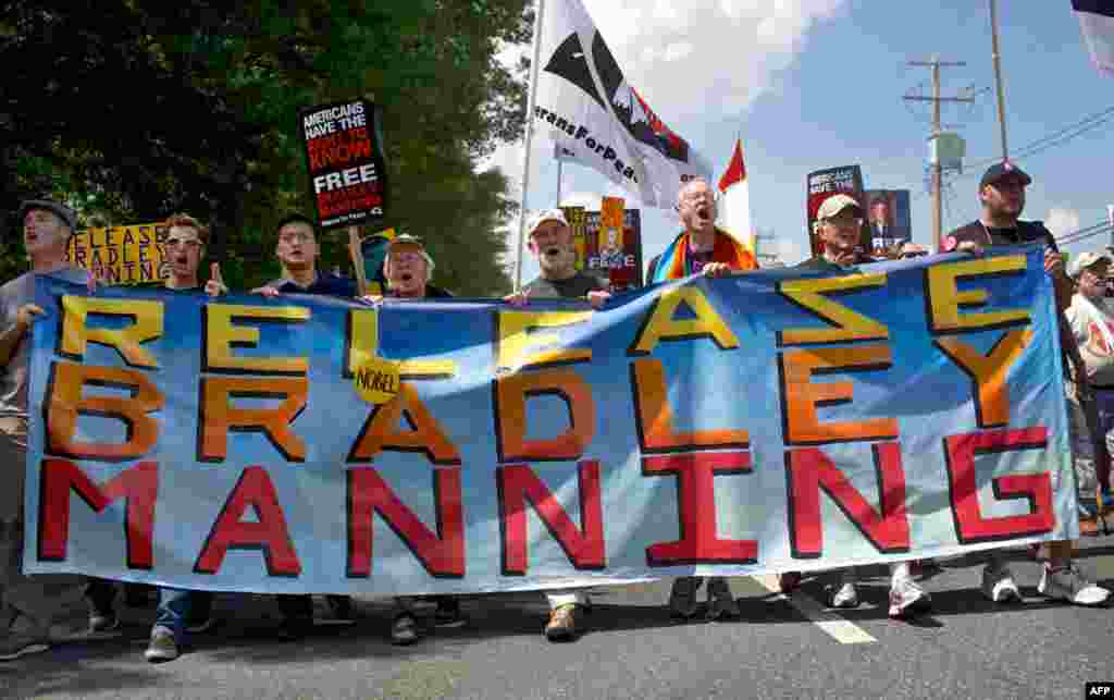 Participants in a mass rally in support for Pfc. Bradley Manning on June 1, 2013 in Fort Meade, Maryland. 