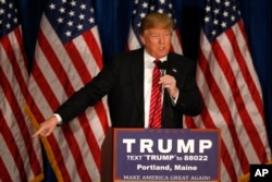 FILE - Republican presidential candidate Donald Trump during a campaign stop in Portland, Maine, March 3, 2016.