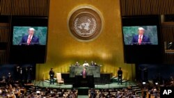 도널드 트럼프 미국 대통령이 24일 뉴욕 유엔본부에서 열린 제74차 유엔 총회에서 기조연설을 하고 있다. 