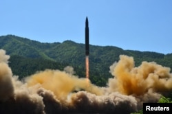 The intercontinental ballistic missile Hwasong-14 is seen during its test in this undated photo released by North Korea's Korean Central News Agency (KCNA) in Pyongyang, July 5 2017