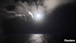 U.S. Navy guided-missile destroyer USS Porter (DDG 78) conducts strike operations while in the Mediterranean Sea which U.S. Defense Department said was a part of cruise missile strike against Syria, April 7, 2017. (Ford Williams/Courtesy U.S. Navy/Hand)