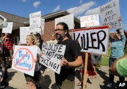 Protestors gather outside Dr. Walter James Palmer's dental office in Bloomington, Minn., Wednesday, July 29, 2015.