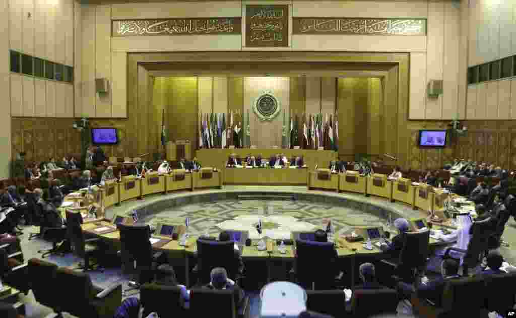 Emergency representatives of Arab nations meeting on Gaza at the Arab League headquarters in Cairo, Egypt, Monday, Aug. 11, 2014.