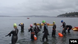 Swimmers enter the water for a mid-October, 1.6 km "excursion" at Alki Beach in Seattle. (VOA / T. Banse)