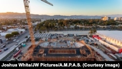 An aerial photo of the construction site of the $388 million Academy Museum of Motion Pictures scheduled to open in 2019.