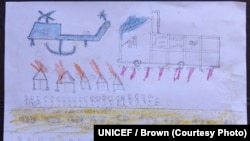 On 2 October 2017, a drawing by a Rohingya boy, Abdullah, revealing the horrific experiences he endured while fleeing from Myanmar to Bangladesh, at the children friendly space at the Balukhali makeshift refugee camp in Cox’s Bazar district in Bangladesh.