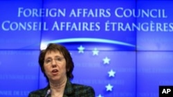 EU foreign policy chief Catherine Ashton holds a news conference at the end of a European Union foreign ministers meeting in Brussels, January 23, 2012.