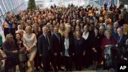 Delegates attending the Women Political Leaders summit in Reykjavik, Iceland, pose for a group photo, Nov. 29, 2017.