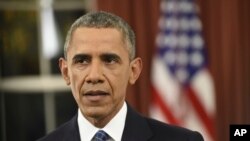 U.S. President Barack Obama speaks about counter-terrorism and the United States fight against Islamic State during an address to the nation from the Oval Office of the White House in Washington, Dec. 6, 2015. 