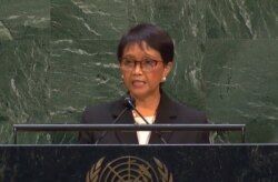 Menlu RI Retno Marsudi memberikan pidato pada Sidang Majelis Umum PBB yang membahas situasi Palestina-Israel di New York, Kamis 20/5 (Foto: tangkapan layar courtesy: UNTV)