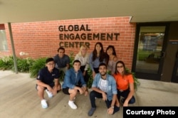 Students gather outside the Global Engagement Center at Orange Coast College in Orange County, California.