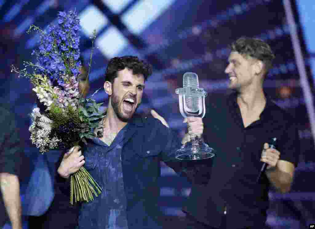 Duncan Laurence of the Netherlands celebrates after winning the 2019 Eurovision Song Contest grand final in Tel Aviv, Israel, May 18, 2019.