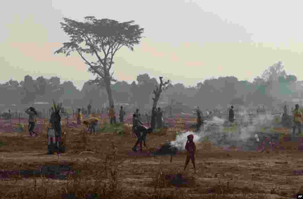 Displaced people clear scrub brush for a new settlement area, inside a makeshift camp housing an estimated 100,000 displaced people, at Mpoko Airport in Bangui, Jan. 7, 2014.
