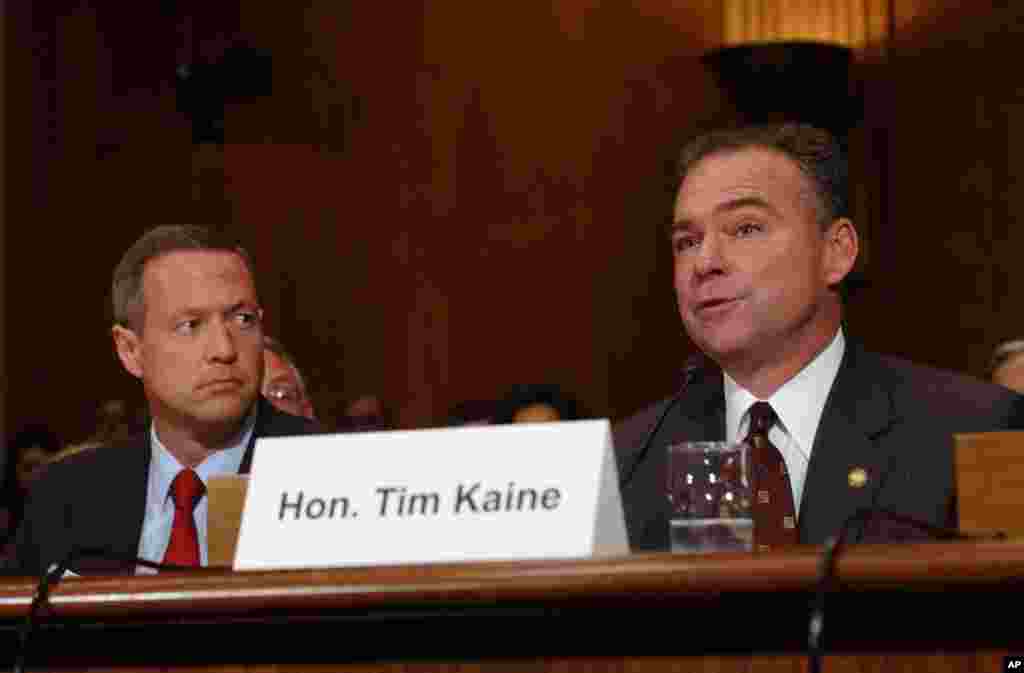 Virginia Gov. Tim Kaine, right, and Maryland Gov. Martin O&#39;Malley testify on Capitol Hill in Washington, Sept. 26, 2007, before the Senate Environment and Public Works Committee hearing to discuss the impact of global warming in the Chesapeake Bay.