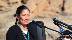 U.S. Interior Secretary Deb Haaland addresses a crowd during a celebration at Chaco Culture National Historical Park in northwestern New Mexico, Nov. 22, 2021.