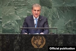FILE - Pakistani Foreign Minister Shah Mehmood Qureshi addresses the 73rd U.N. General Assembly in New York, Sept. 29, 2018.