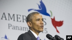오바마 대통령이 11일 미주기구정상회의를 마친 뒤 기자회겨을 하고 있다.