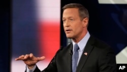 FILE - Martin O'Malley speaks during a Democratic presidential primary debate, in Des Moines, Iowa, Nov. 14, 2015.
