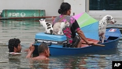 A woman and her pets are transported on a boat as she evacuates from flooding in Ayutthaya province, central Thailand, Sunday, October 9, 2011.