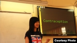 A student named Aggie recently presented about contraception at Nguyen Cong Tru High School in Vietnam. (Courtesy: AIESEC)