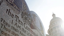 A monument with the Ten Commandments sits near the Texas capitol in Austin, Texas.