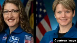 En esta imagen tomada de un video de NASA se ve a las astronautas Christina Koch y Anne McClain.
