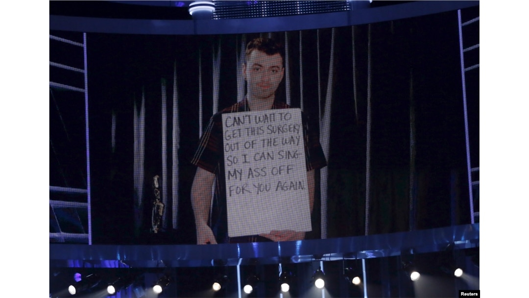 Sam Smith appears on tape to accept the award for top male artist, as he recovers from vocal cord surgery at the 2015 Billboard Music Awards in Las Vegas, Nevada, May 17, 2015