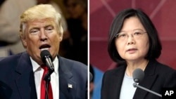 FILE - This combination of two photos shows U.S. President-elect Donald Trump speaking during a "USA Thank You" tour event in Cincinatti, Dec. 1, 2016, and Taiwan's President Tsai Ing-wen, delivering a speech during National Day celebrations in Taipei, Ta