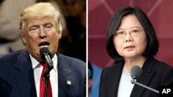 FILE - This combination of two photos shows U.S. President-elect Donald Trump speaking during a "USA Thank You" tour event in Cincinatti, Dec. 1, 2016, and Taiwan's President Tsai Ing-wen, delivering a speech during National Day celebrations in Taipei, Taiwan.