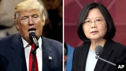 FILE - This combination of two photos shows U.S. President-elect Donald Trump speaking during a "USA Thank You" tour event in Cincinatti, Dec. 1, 2016, and Taiwan's President Tsai Ing-wen, delivering a speech during National Day celebrations in Taipei.