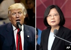 FILE - This combination of two photos shows U.S. President-elect Donald Trump speaking during a "USA Thank You" tour event in Cincinatti, Dec. 1, 2016, and Taiwan's President Tsai Ing-wen, delivering a speech during National Day celebrations in Taipei, Taiwan.