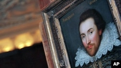 FILE - A portrait of William Shakespeare is pictured in London, painted in 1610 and thought to be the only surviving picture of him painted in his lifetime.