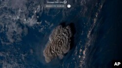This image taken by Himawari-8, a Japanese weather satellite operated by Japan Meteorological Agency, shows an undersea volcano eruption at Tonga on Jan. 15, 2022.