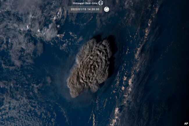 This image taken by Himawari-8, a Japanese weather satellite operated by Japan Meteorological Agency, shows an undersea volcano eruption near Tonga, Jan. 15, 2022.