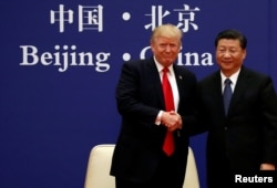 FILE - U.S. President Donald Trump and China's President Xi Jinping meet at the Great Hall of the People in Beijing, Nov. 9, 2017.